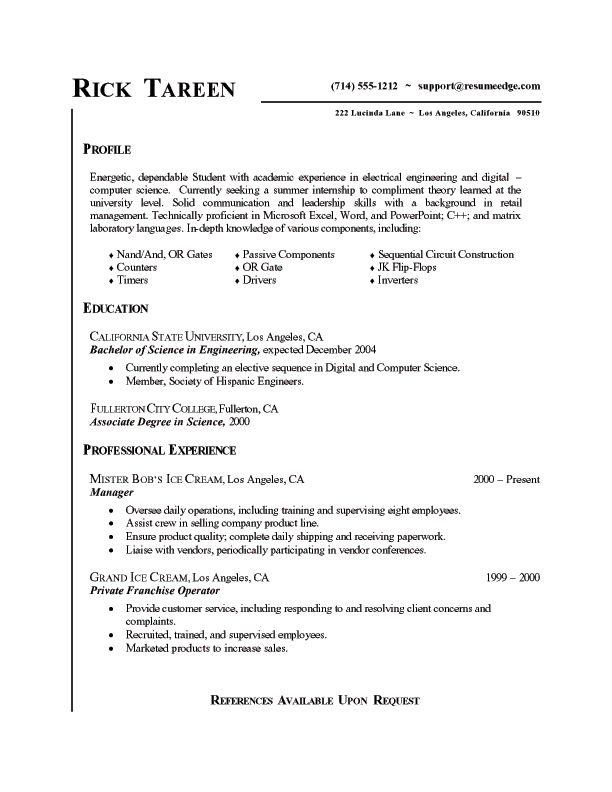 cover letter examples for internships. Sample Resume Student Tip: